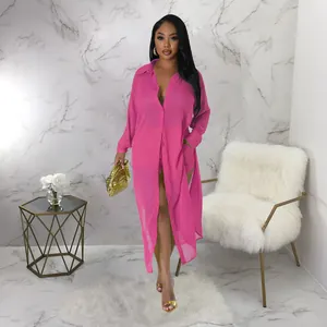 Conjunto de playa sexy de dos piezas con camisa larga de gasa rosa fucsia y pantalones