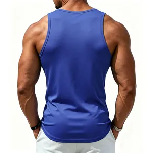 Detailed back view of a royal blue men's athletic tank top worn by a muscular model