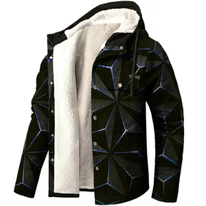 Close-up view of men's hooded jacket showing the warm fleece lining and 3D geometric print