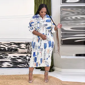 Vestido midi plisado con estampado abstracto, cuello en V y mangas murciélago