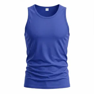 Close-up detail of a blue men's athletic tank top showing the high-quality polyester fabric