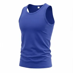 Close-up detail showing the neckline and fabric texture of a royal blue men's cotton tank top.
