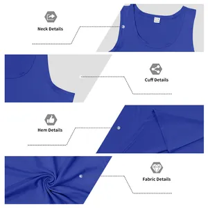 Detailed views of royal blue cotton tank top's neck, cuff, hem and fabric texture.