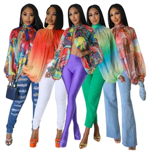 Camicetta in Chiffon Stampata Estiva da Donna Top con Maniche a Pipistrello e Lacci sul Davanti Camicia da Spiaggia