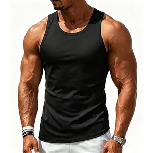 Detail view of men's athletic black cotton tank top showcasing muscle fit and soft texture