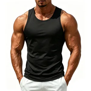 Detailed view of black breathable sports tank top on muscular male model for fitness