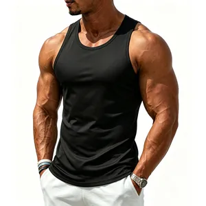 Close-up of a muscular man wearing a black athletic slim-fit tank top for gym training