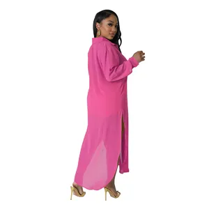Conjunto de playa de dos piezas sexy en gasa rosa transparente con camisa larga y shorts