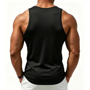 Back view of a black men's athletic tank top showing muscular fit and cut