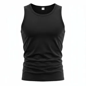 Close-up detail of a minimalist black men's sleeveless sports tank top with a round neck.