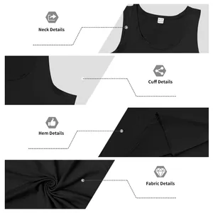 Detailed views of a men's black cotton tank top neck, cuff, and fabric texture details.