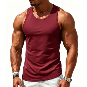 Detailed view of a burgundy cotton tank top showing its athletic fit and fabric texture.