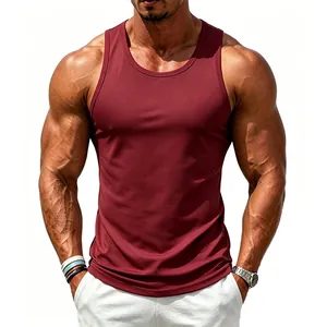 Detail showing the fit and texture of a burgundy sports tank top on a muscular man