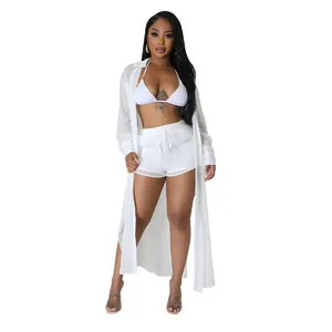Elegante conjunto de playa de 3 piezas de gasa blanca con camisa larga y pantalones cortos