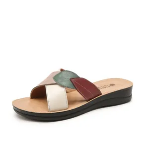 Comfortable multi-color leather flat slide sandals for women for casual summer wear