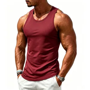 Close-up detail of wine red muscular fit cotton tank top for men's fitness training