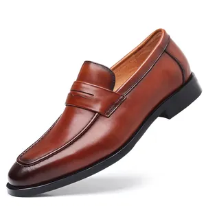Elegant brown genuine leather penny loafers for men, formal business slip-on dress shoes