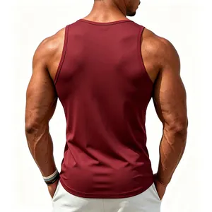 Back view of a muscular male model wearing a premium burgundy athletic cotton tank top