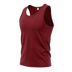 Detailed 45-degree angle view of a men's burgundy cotton sleeveless tank top shirt.