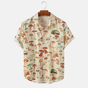 Chemise à Imprimé Champignon Style Hawaïen pour Hommes Été Décontracté Manches Courtes Haut de Plage en Polyester à Boutons Revers Ample
