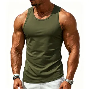 High-quality detail shot of olive green cotton muscle tank top for men sports and leisure.
