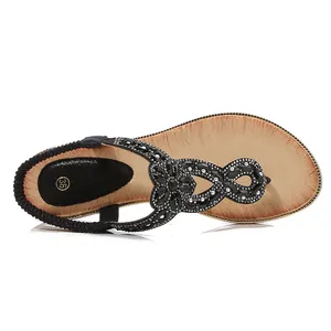 Sandales élégantes noires style bohème avec fleurs en strass scintillants pour femmes