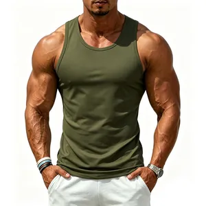 Detailed shot of an olive green muscle fit cotton tank top for men on an athletic model