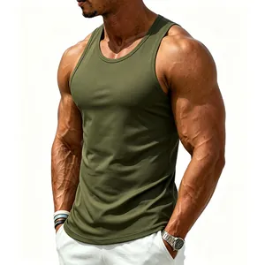 Close-up of olive green athletic tank top on fit male model highlighting muscle fit
