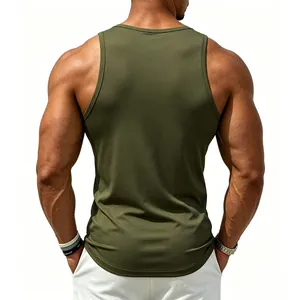 Detailed back view of a men's olive green athletic cotton tank top with a muscle fit