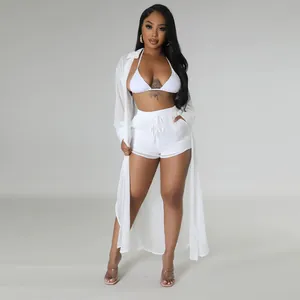 Conjunto de playa blanco de 3 piezas con túnica de gasa transparente y shorts