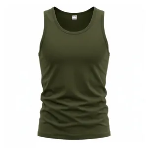 Detailed view of olive green men's athletic tank top with soft cotton-like texture