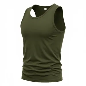 Close-up of a men's olive green cotton tank top with professional stitching