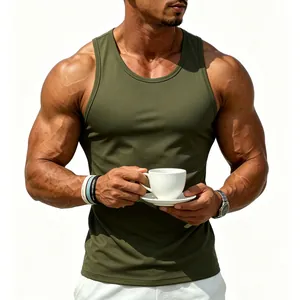 Detailed view of an olive green men's muscle fit athletic tank top on a model