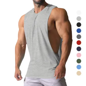 Men's solid color gym tank top with wide shoulders and large side splits in light grey