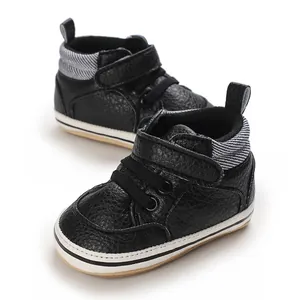Stylish black high-top baby walking shoes with durable rubber soles and Velcro strap