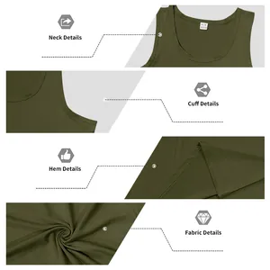 Close-up details of neck, cuff, hem, and fabric of army green men's cotton tank top
