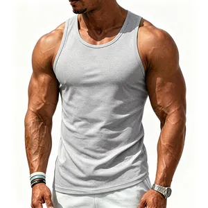 Athletic fit men's grey cotton tank top shown on model against white background