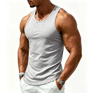 Detailed view of a grey slim-fit cotton fitness tank top worn by a muscular male model.