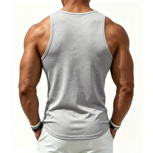 Back view detail of a gray cotton tank top showing the muscular fit and curved hem.