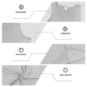 Detail views of gray men's tank top showing neck, cuff, hem, and fabric texture