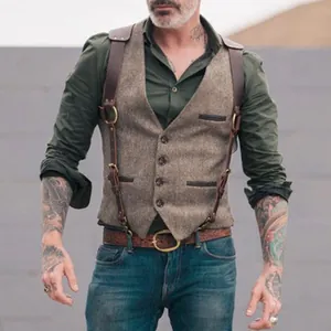 Gilet Homme Casual Business Coupe Ajustée Style Cowboy de l'Ouest Coton à Chevrons Monoboutonnage Col en V Café