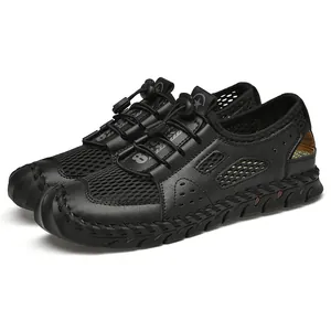 Black breathable outdoor water shoes for men with handmade stitched soles