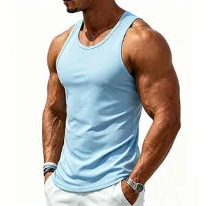 Detail view of a light blue men's athletic cotton tank top with a slim fit design