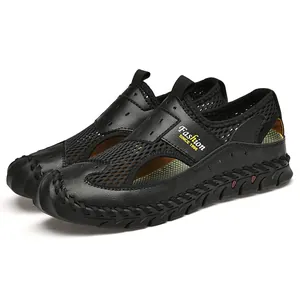 Breathable black mesh slip-on outdoor casual sandals for men with hand-stitched sole