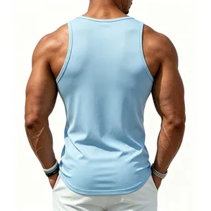 Back view of a light blue slim fit men's athletic tank top in soft breathable cotton