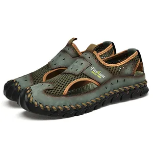Breathable mesh men's outdoor casual water shoes with hand-stitched soles in green