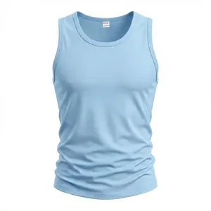 Detail view of a light blue men's tank top showing smooth fabric and ribbed collar.