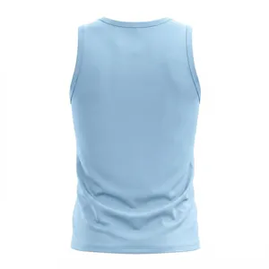 Detailed back view of a light blue men's athletic tank top made from soft cotton fabric