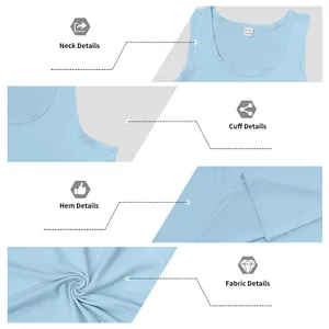 Detailed macro views of light blue cotton tank top showing neck, cuff, and fabric quality.