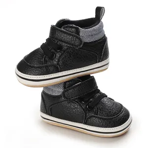 Classic black baby high-top walker shoes with durable rubber soles for infants 0-1 years.